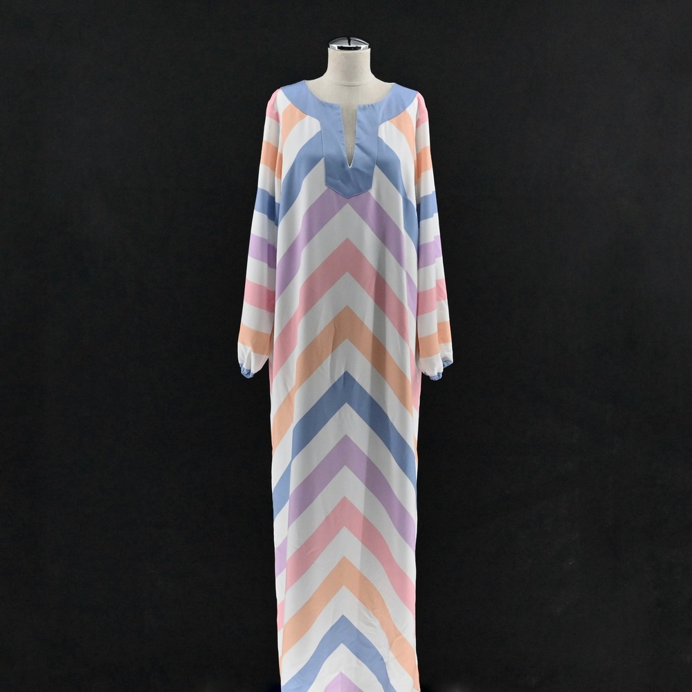 Sail to Sable Charade Maxi‎ Dress Size L Caftan Pastel Long Sleeve Chevron STS